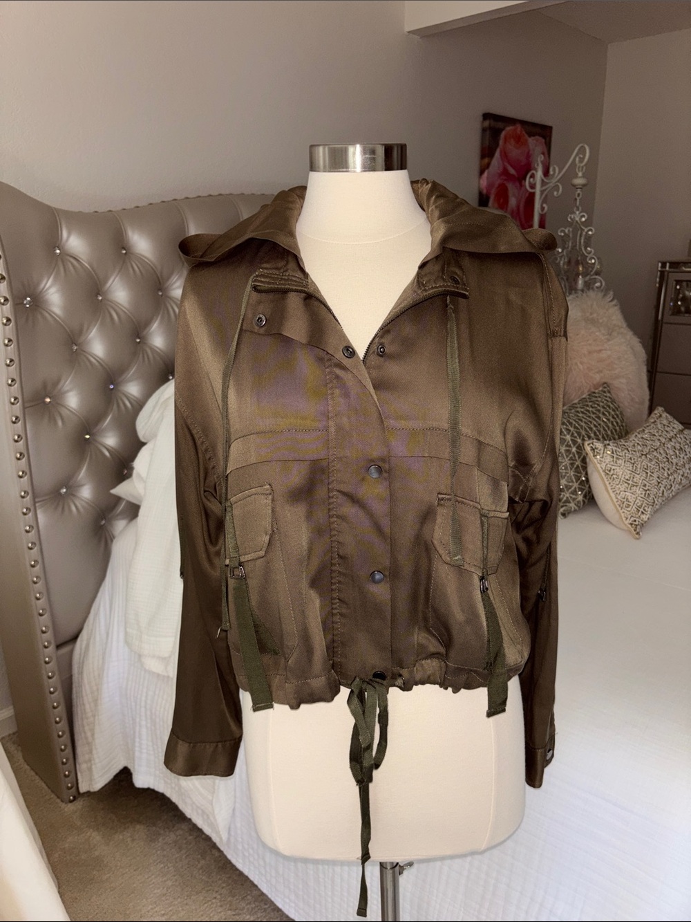 Max Studio Olive Green Women's Drawstring Satin Hooded Jacket